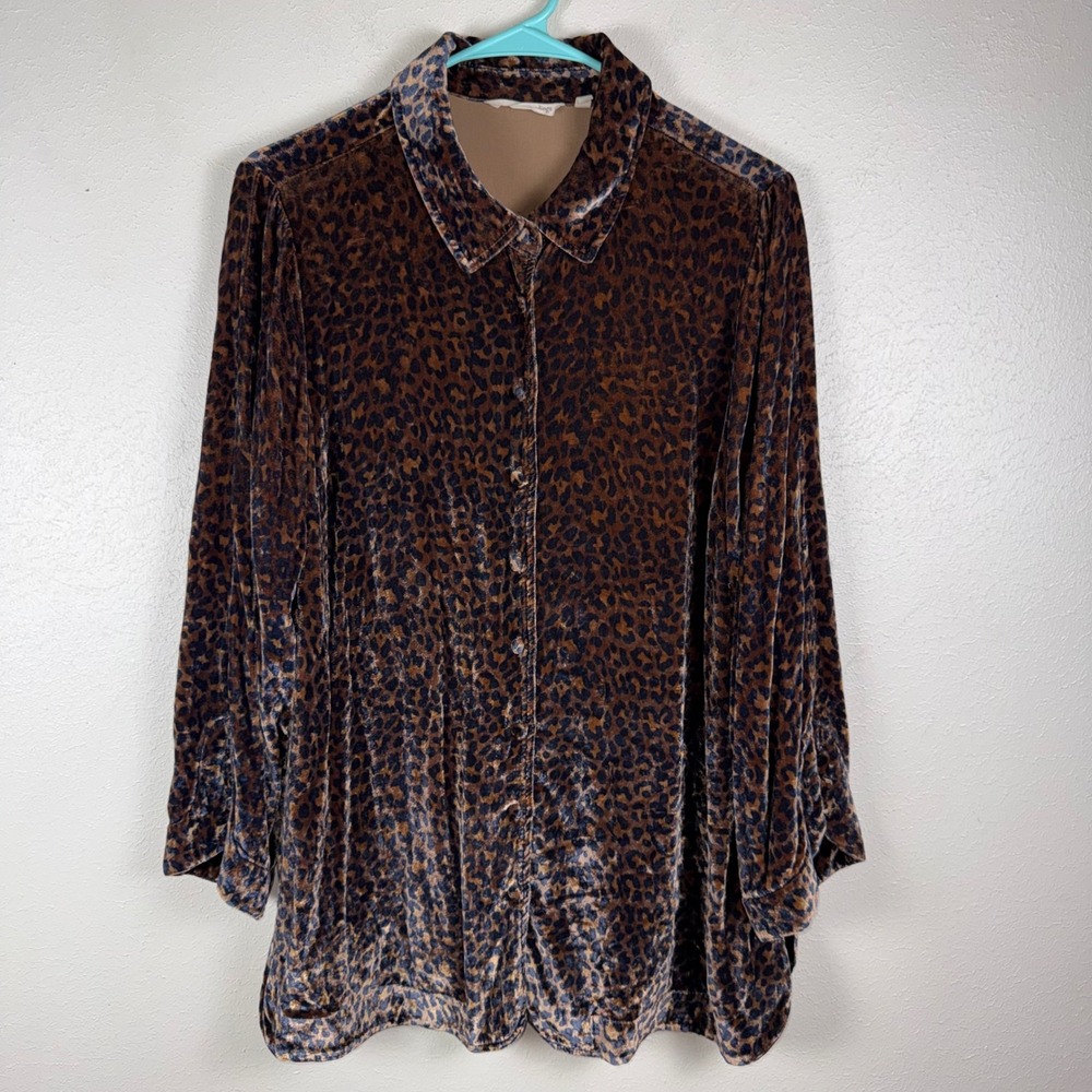Soft Surroundings Leopard Print Velvet Silk‎ Blend Button Down Blouse Brown